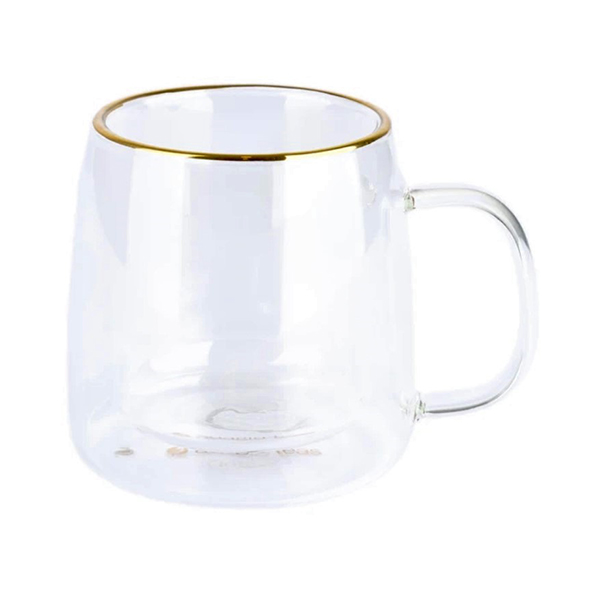 Taza de vidrio doble pared con borde dorado
