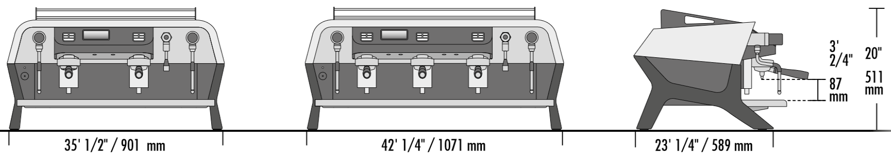 Dimensiones de cafetera comercial Sanremo f18 para 2 y 3 grupos